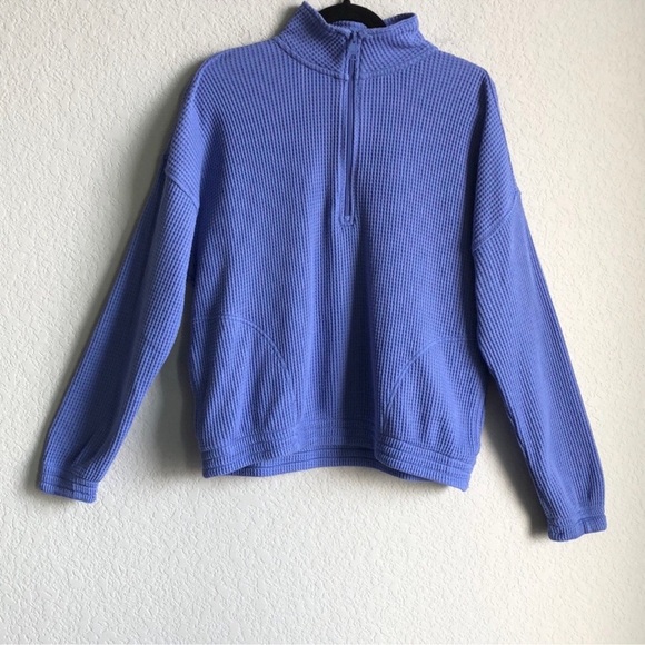 Aerie Cozy Up Waffle Quarter Zip Sweater Pullover Medium Blue Periwinkle - Picture 1 of 9